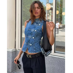 Women's Tops 2026 Summer New Fashion Retro Denim Blouse Women's Chic Summer Travel Joker Youth Blouse Vest