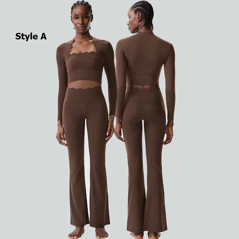 Women Two Pieces Fitness Yoga Set Solid Color Long Sleeve Gym Sportswear Breathable Quick Dry Workout Clothes Female Suit