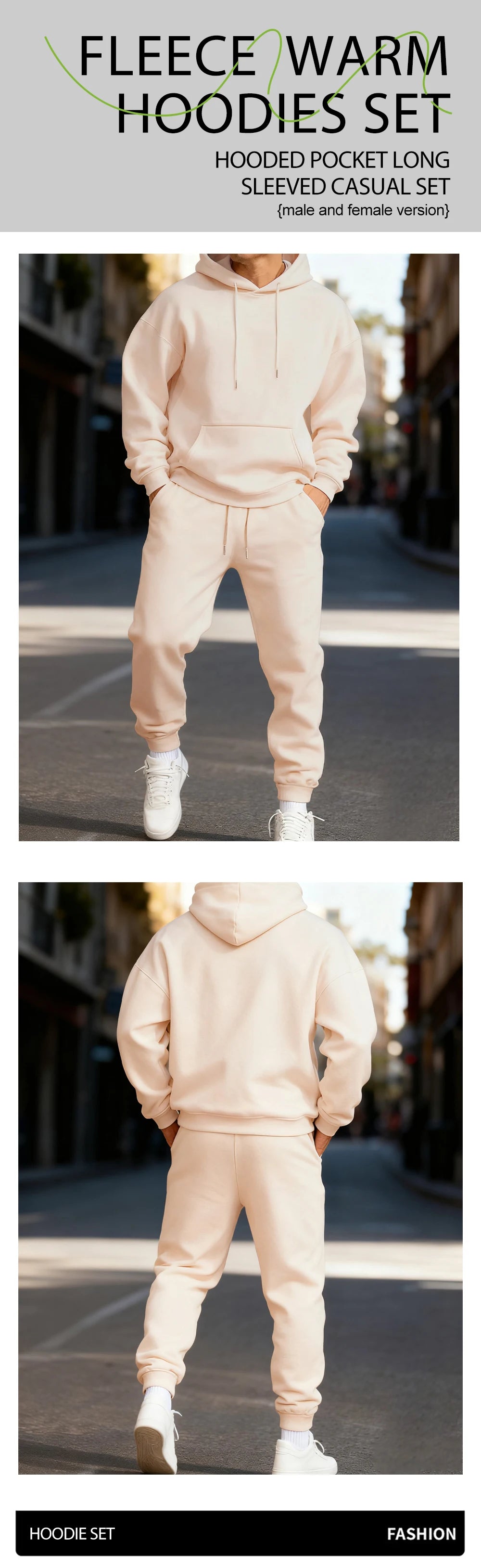 Man Hoodie Set Winter Solid Color Two Pices Sets Long-Length Street Clothes Casual Sports Sweatpant Hoody Unisex Fashion Suit
