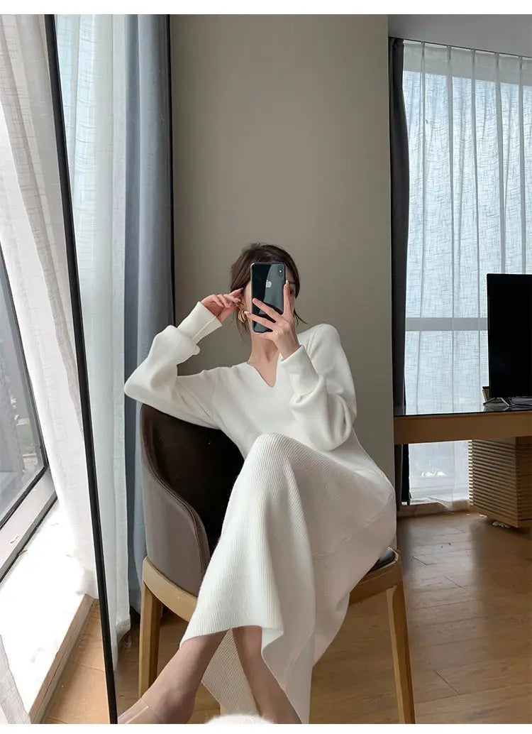 French Knit V-Neck Midi Dress