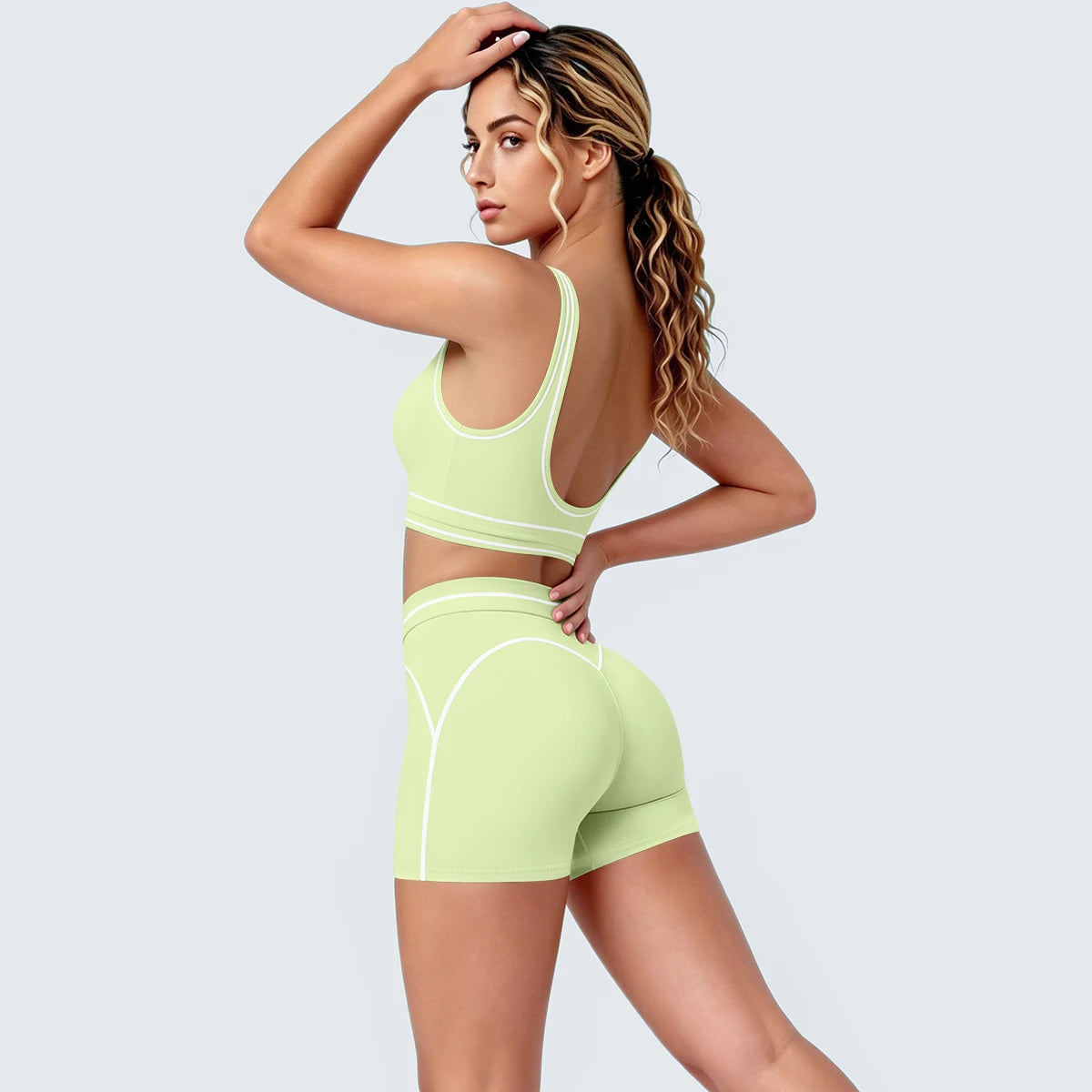 New Woman Yoga Set Color Blocking Sexy Sport Bra Yoga Underwear with Chest Pad High Waist Stripe Running Fitness Shorts Yoga Set