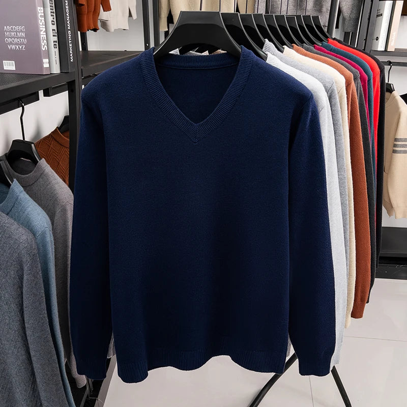 New Sweatwear Men's V Neck Basic Solid Color Sweaters Round Neck Elastic Pullovers Warm Autumn Knitted Oversized Sweater Men