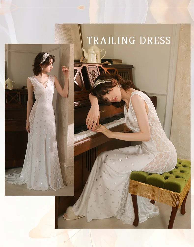 Women's Nightgown Luxury V Neck Sleeveless Night Dress Fashion Slim White Princess Long Dress Summer Ladies Sleepwear Vestido