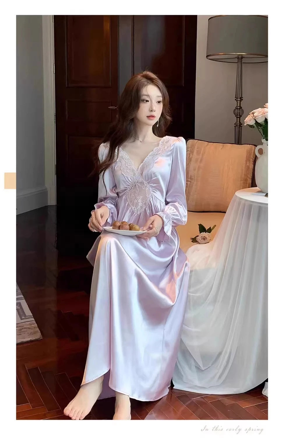 Female Long Nightdress Retro French Court Style Princess Nightgown Sleepwear Spring Summer Loose Rayon Home Clothes Lounge Wear