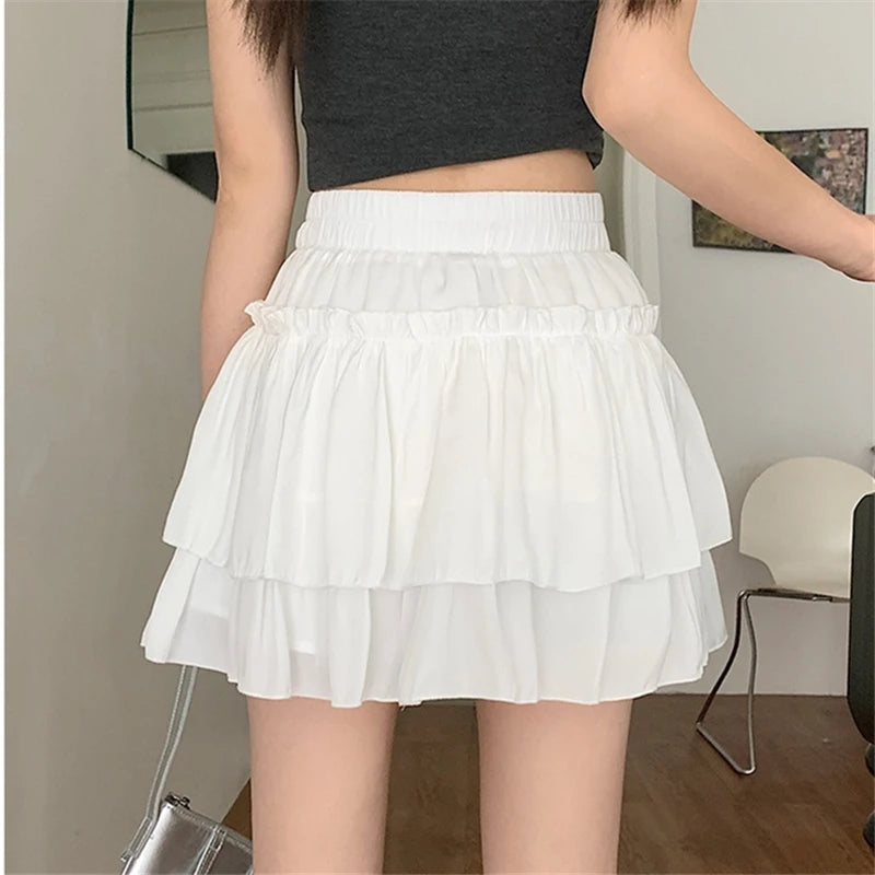 Summer Kawaii White Ruflles Skirt Women Fashion Slim Fit Chiffon Mini Skirts Giris Y2k All Match Elastic High Waist Black Faldas
