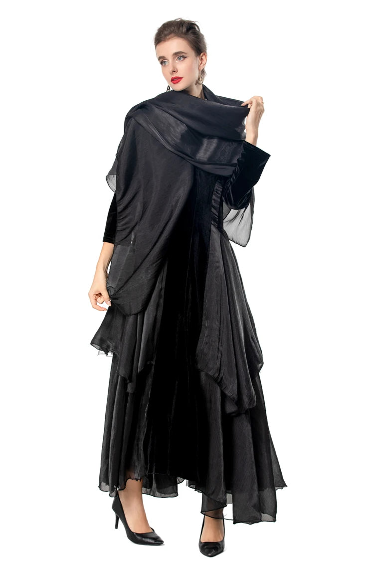Velvet Ruffle V-Neck Evening Dress