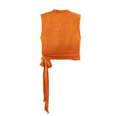 Women's Top 2026 Spring New Style Orange Sleeveless Satin Texture Long Ribbon Top Elegant and Stylish Unique Fashion Focus