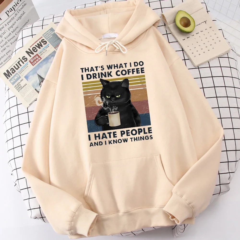 Men's fashion hoodie, high-quality cat drinking coffee print hoodie, fashionable casual hoodie, Harajuku hoodie