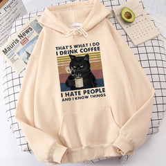 Men's fashion hoodie, high-quality cat drinking coffee print hoodie, fashionable casual hoodie, Harajuku hoodie