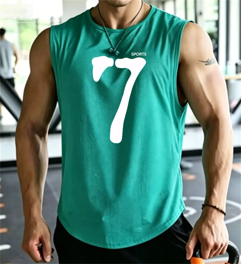 SPORTS 7 New Men Tank Tops Sleeveless Shirt Polyester Mesh Material Quick Dry Breathable Men Workout Fitness Basketball Top Tee