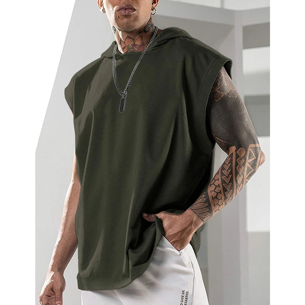 2026 Men Tank Top  Fitness Training Pullover Leisure Fashion Sleeve Men's Hooded Vest Solid Color Tank Tops For Male