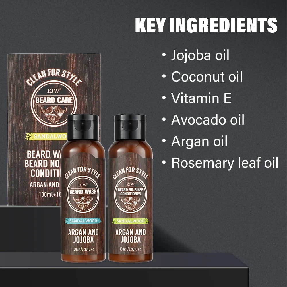 EJW Beard Care Set, Sandalwood Beard Shampoo and Beard no-rinse conditioner- Softens & Strengthens Beard, with Argan and Jojoba.