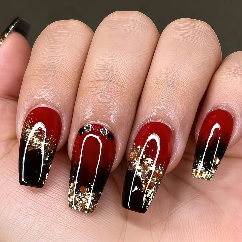 24PCS of false nails with a nude base coat and a shiny black surface and featuring a mirror-gold metallic French tip design