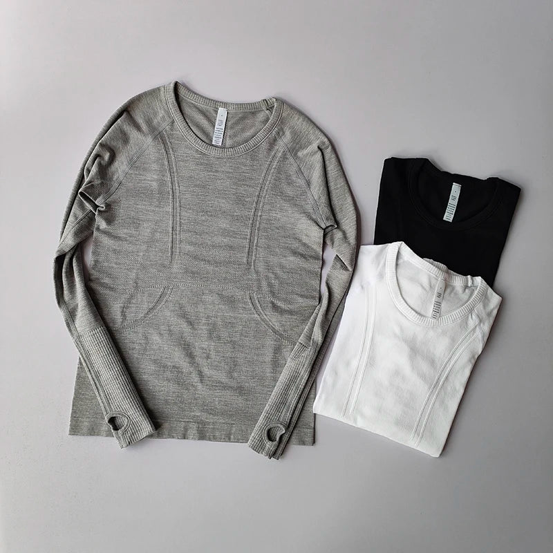 Yoga Clothes for Women, Sports Tops, Round Neck, Seamless, Slim, Running Shirt Fitness Workout Long Sleeves Gym T Shirt, Winter