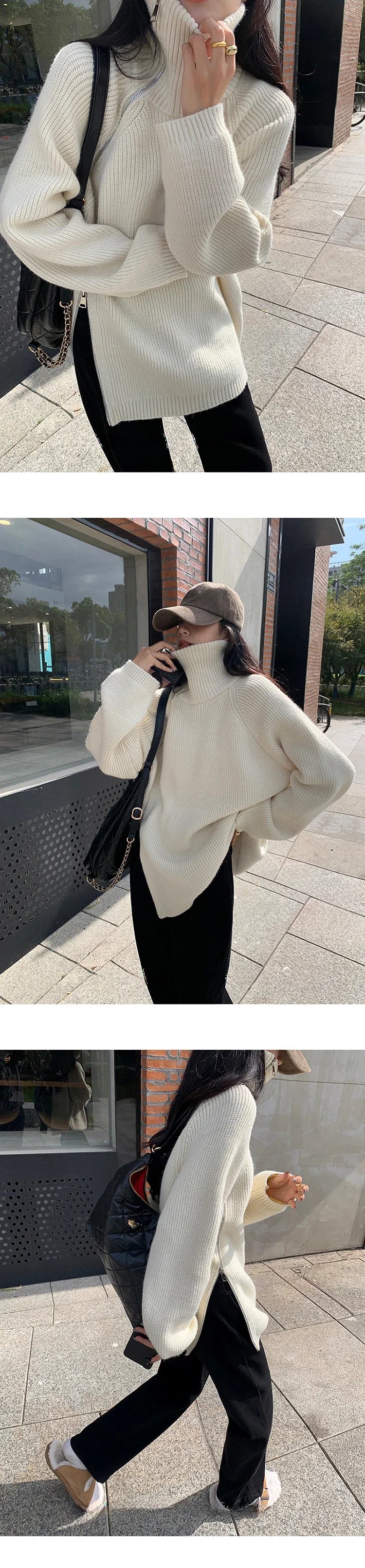 Oversized Zip Turtleneck Knit Sweater