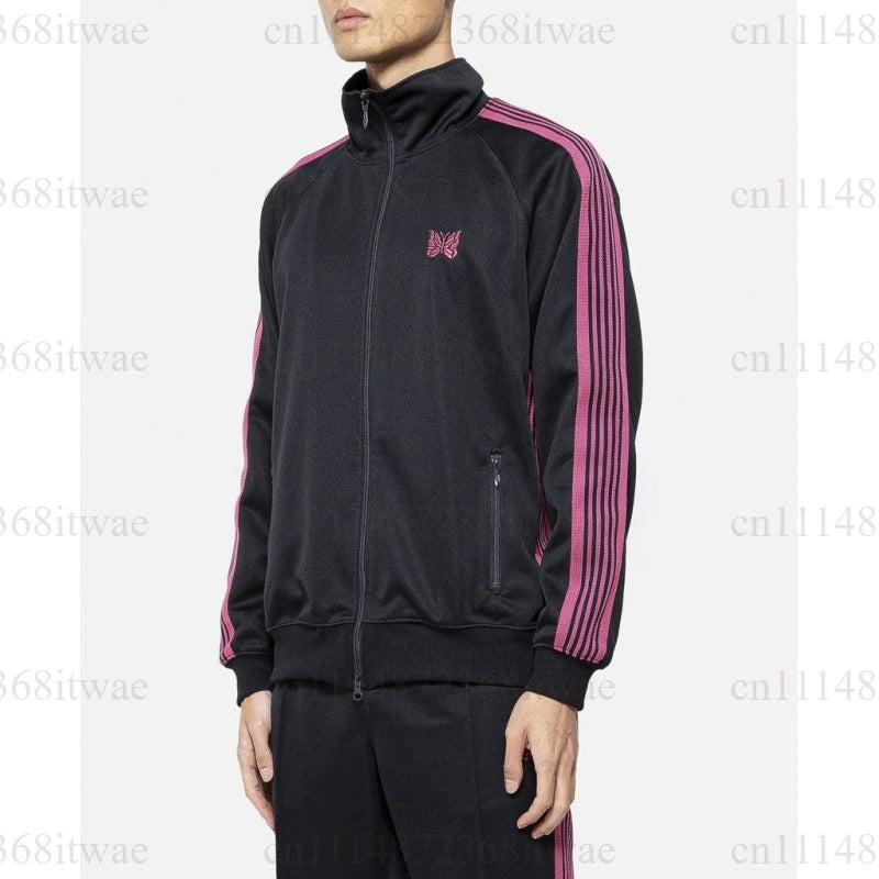 Unisex Embroidery Track Suit Striped Tape Zip‑Up Jacket Pants Set Casual Sportswear Outfit Long Sleeve Athletic Tracksuit Set