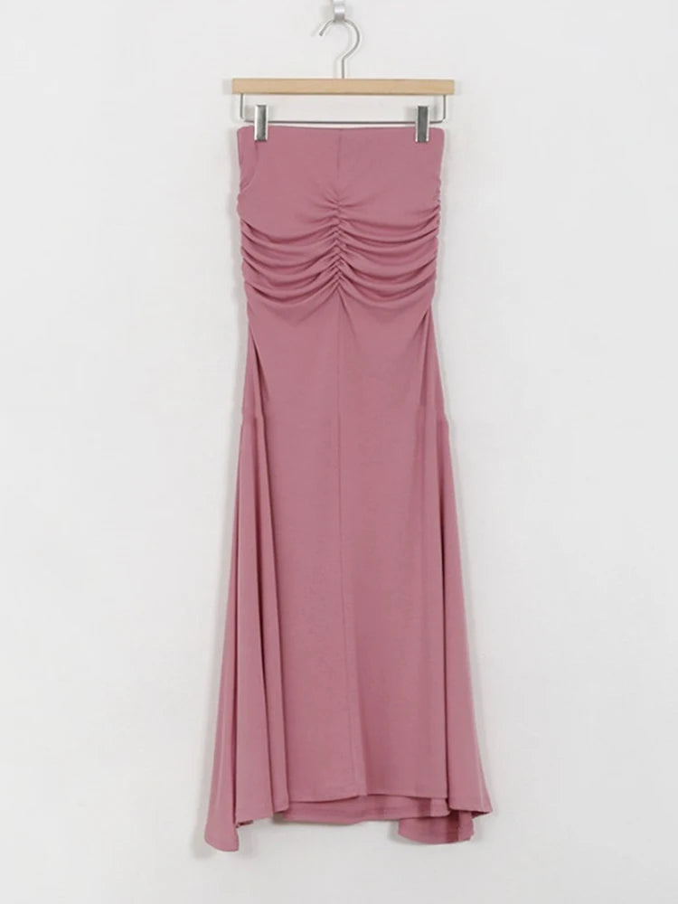 Shirred Satin High Waist Midi