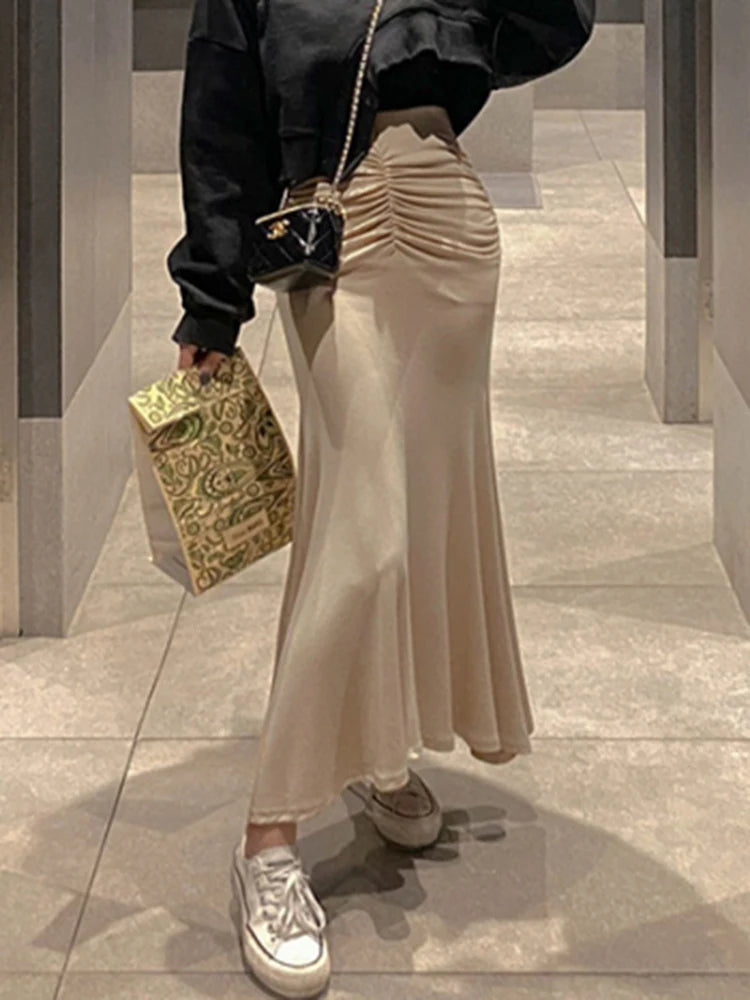 Shirred Satin High Waist Midi