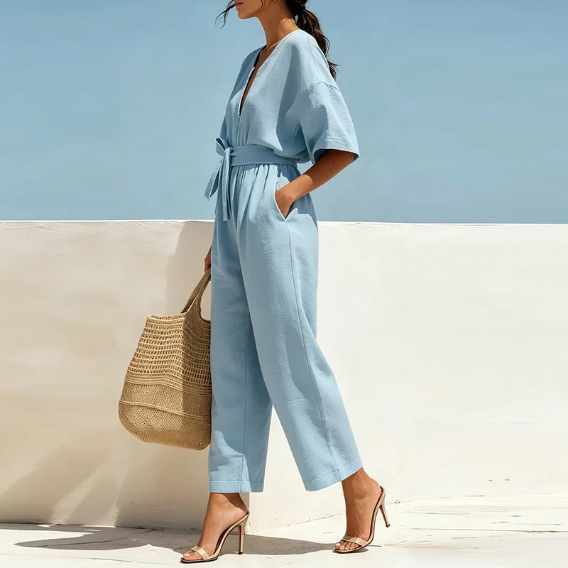 Summer Elegant Jumpsuit V Neck Lace Up High Waist Half Sleeve Long Pants Jumpsuits For Women Casual Loose Romper Playsuits