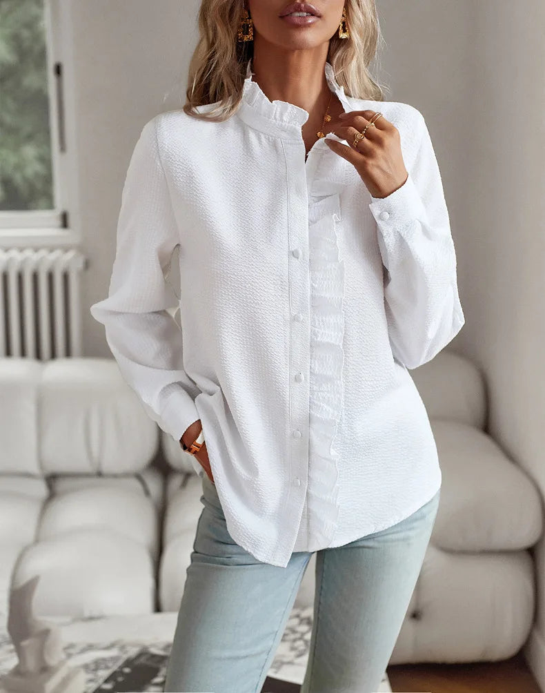 Women's Shirt Elegant Long Sleeve Ruched Stand Neck Office Lady Blouse Casual Button Shirts Harajuku Tunics Street Simple Tops