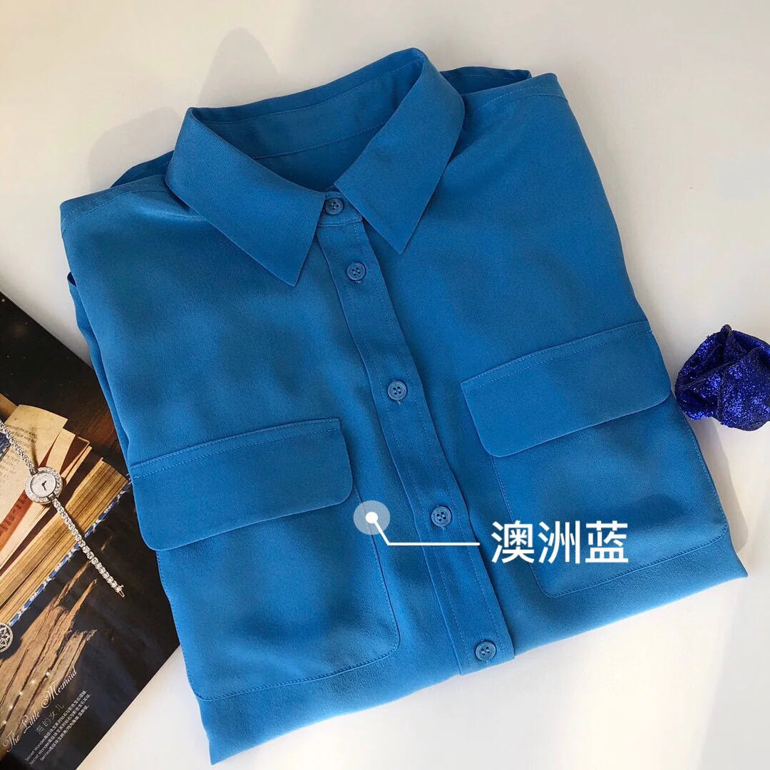 Women Real Silk Shirts Classic Double Pockets Solid Color Casual Fashion Long Sleeve Thin Shirt Blouses Tees