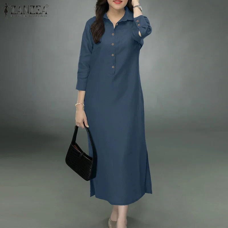 Elegant Lapel Solid Midi Dress