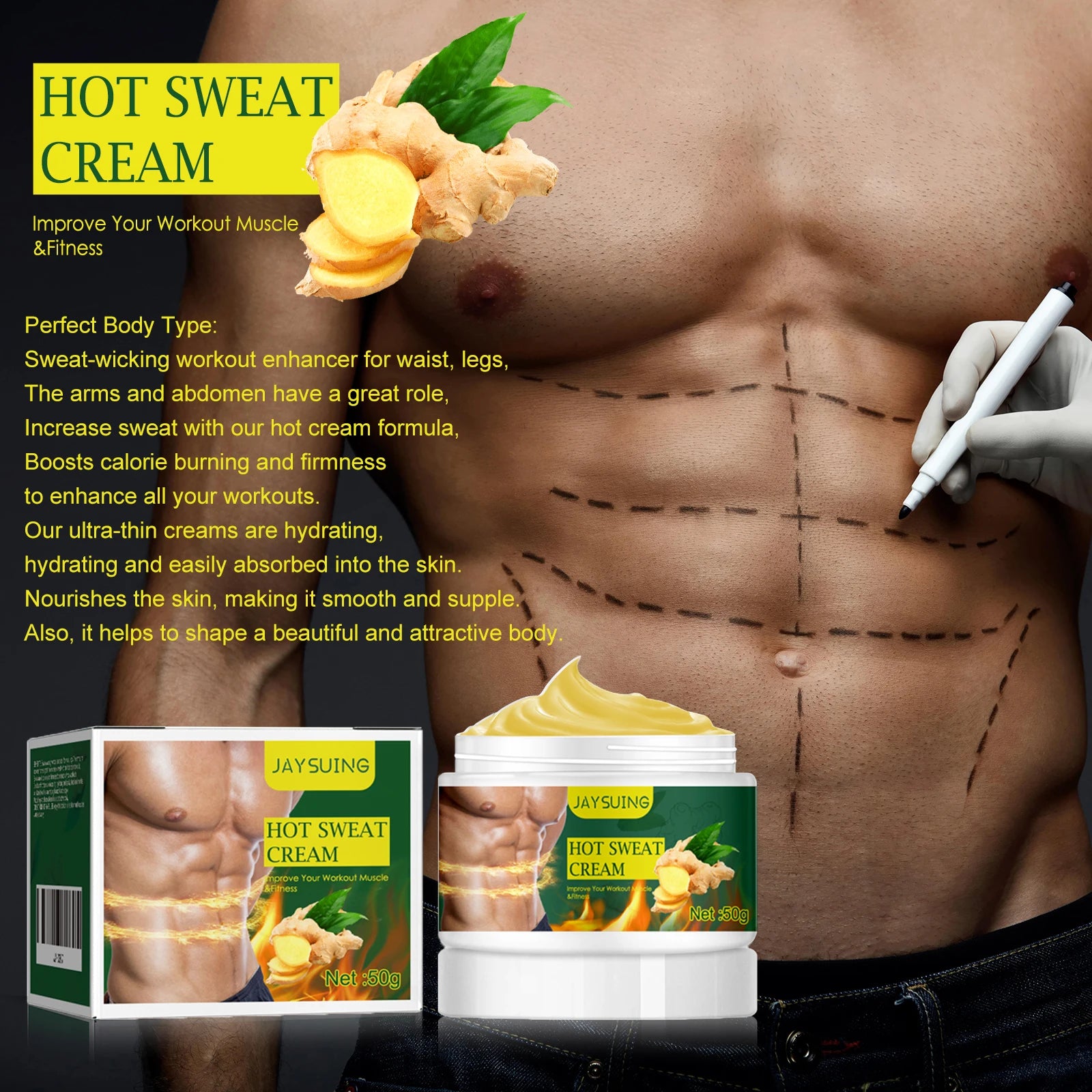 Men's Massage Cream for Body Care Warming Sensation Post Workout Recovery Moisturizing Skin Firming Routine Non Greasy 50g