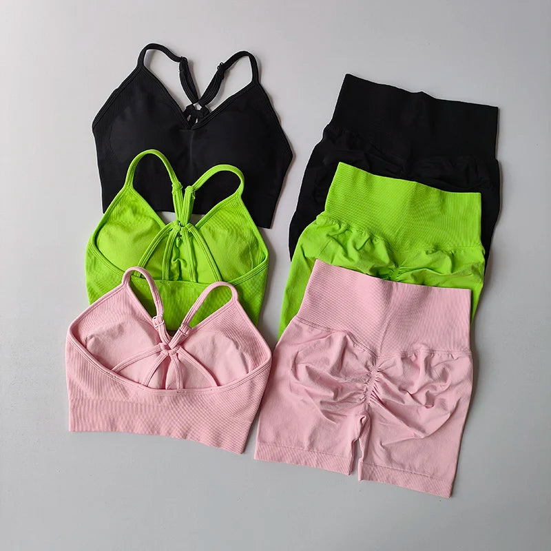 Workout Sets for Women, V Back Sports Bra with High Waist Shorts, Moisture Wicking Yoga Outfit for Training