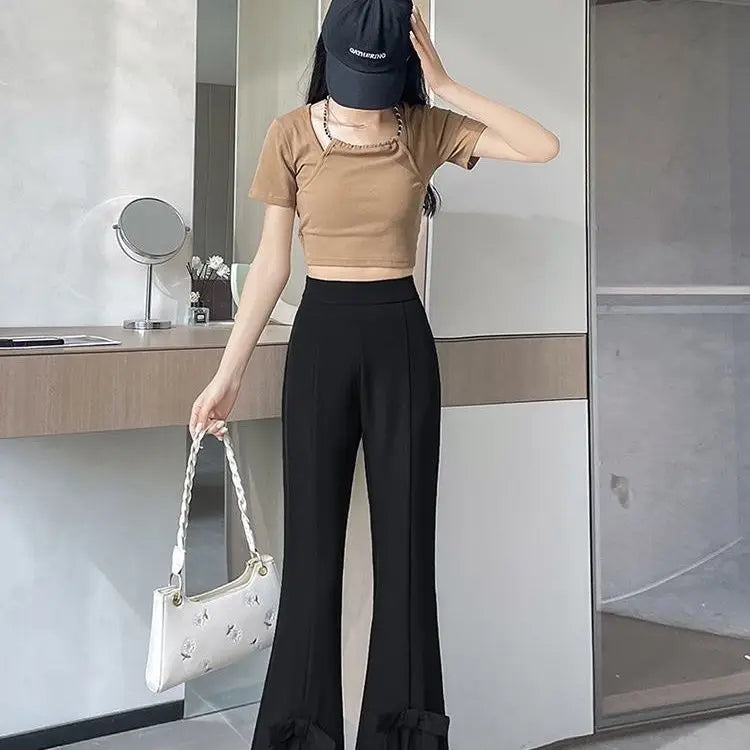Women's Wide-Leg Pants High-Waisted with Bow Tie Detail Side Slits