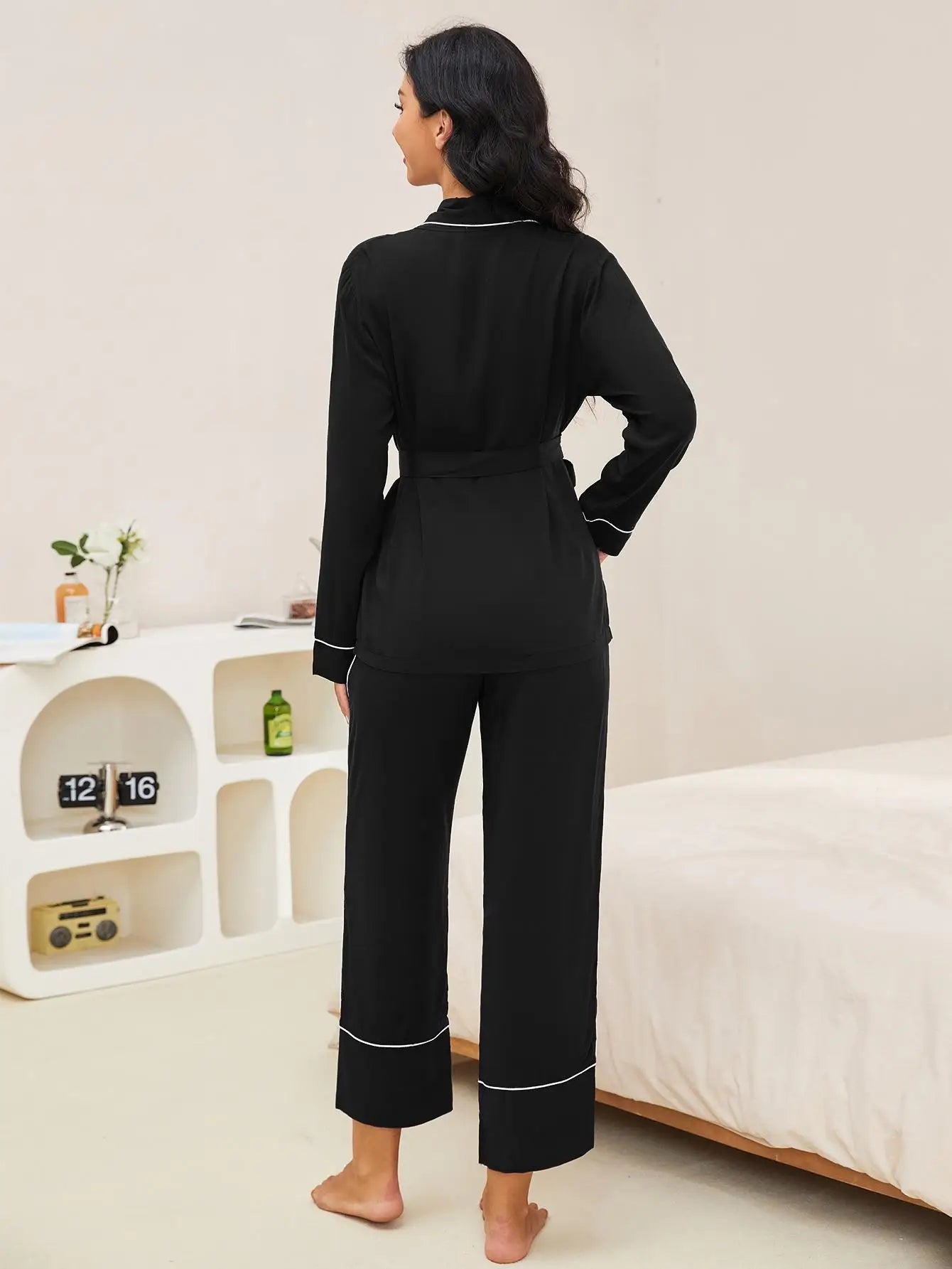 Wrap Belt V Neck Pajama Set