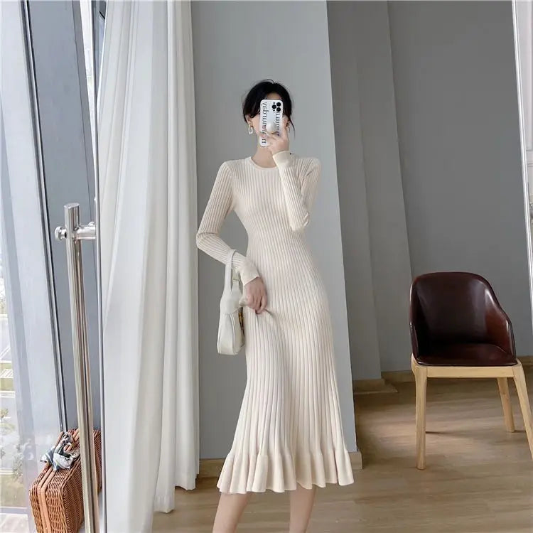 Elegant Knit Flounce Midi Dress