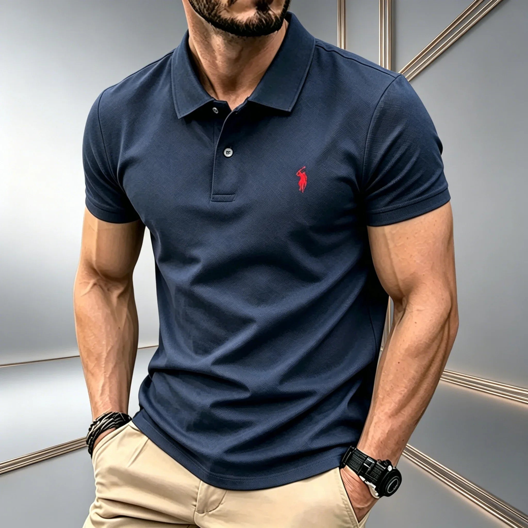 Men Solid Color Polo Shirt Regular Fit Business Casual Short Sleeve Tops With Small Horse Embroidery Chest Print