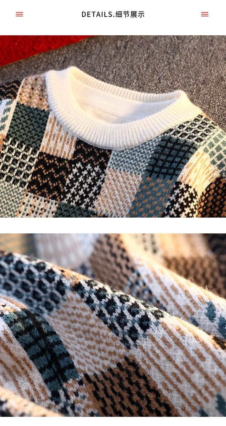 New Fashion Men Plaid Pullover Winter Sweaters Outwear Loose Casual Knitted Sweaters Male O-neck Pullovers Sweatercoats Size 4XL