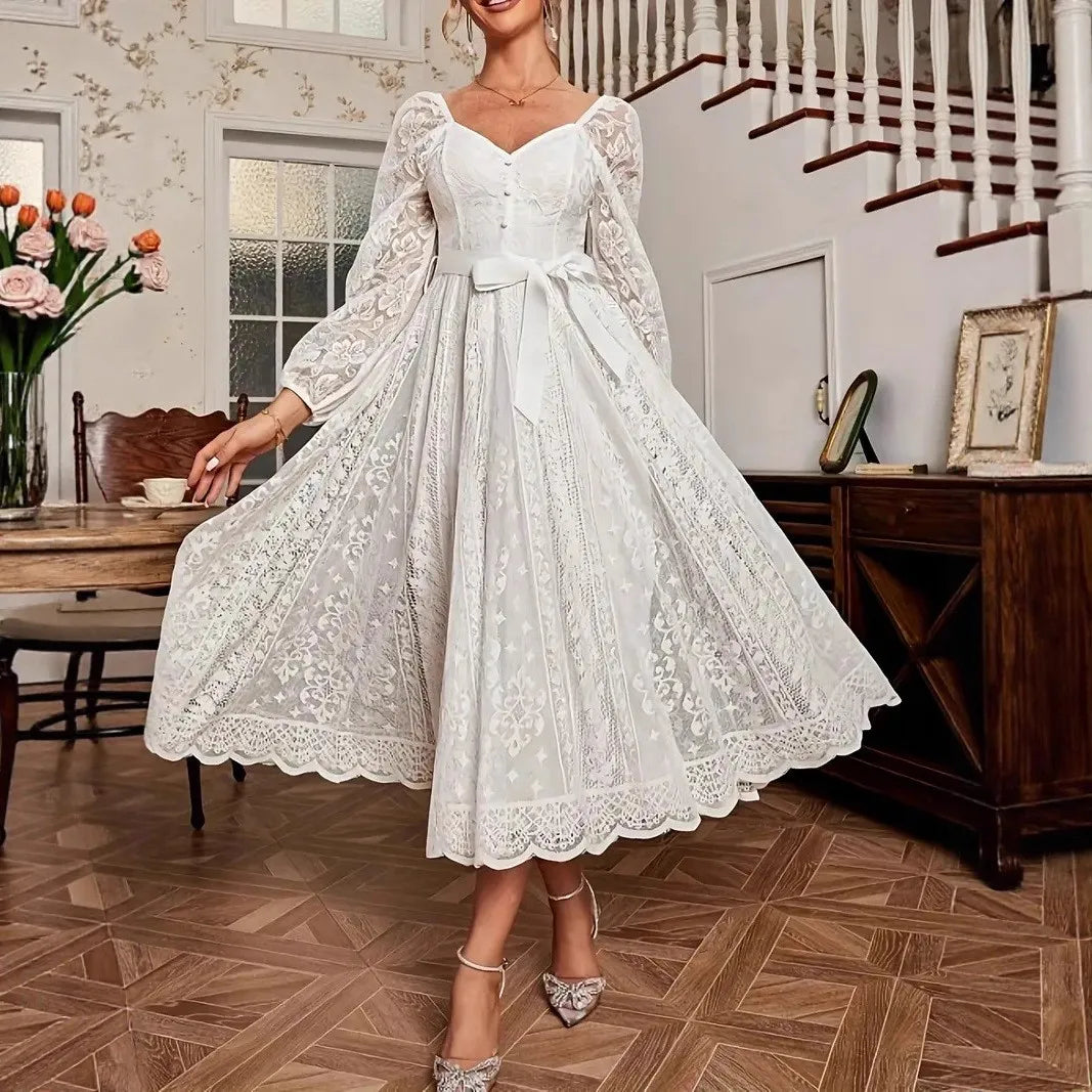 Elegant Party Dress For Woman Evening Prom Dresses Lace Long Gown V Neck Maxi Dress White Pink Floral Lace A Line Balloon Sleeve