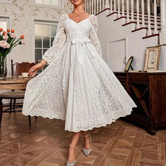 Elegant Party Dress For Woman Evening Prom Dresses Lace Long Gown V Neck Maxi Dress White Pink Floral Lace A Line Balloon Sleeve