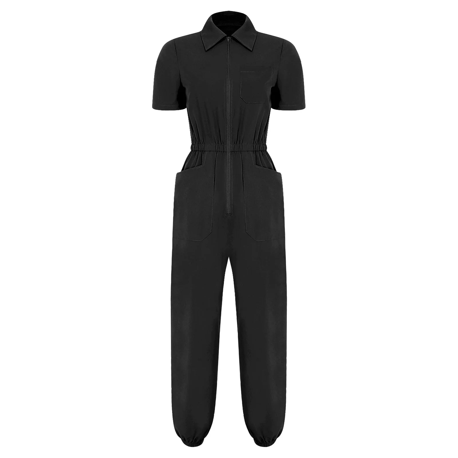 Womens Short Sleeve Scrubs Jumpsuit Front Zipper Elastic Waist Jogger Pants Rompers Nurse Doctor Workwear for Caring Nursing