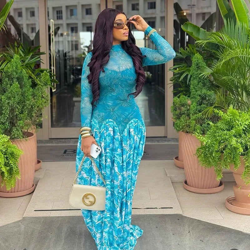 Floral Turtleneck A-Line Maxi Dress