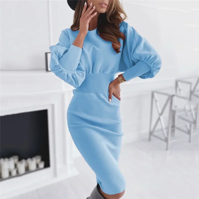 Elegant Lantern Sleeve Midi Dress