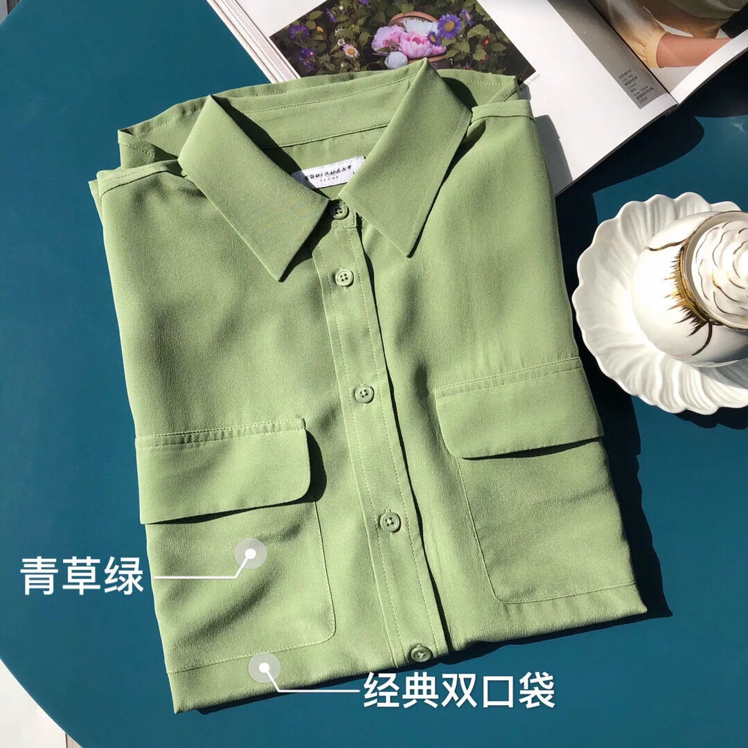 Women Real Silk Shirts Classic Double Pockets Solid Color Casual Fashion Long Sleeve Thin Shirt Blouses Tees