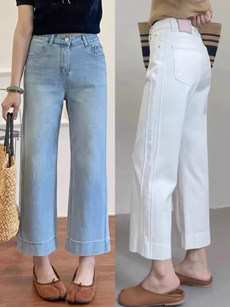 Women High Waist Wide Leg Pants Casual Loose Trousers Summer Solid Color Straight Fit Pocketed Ankle-Length Jeans