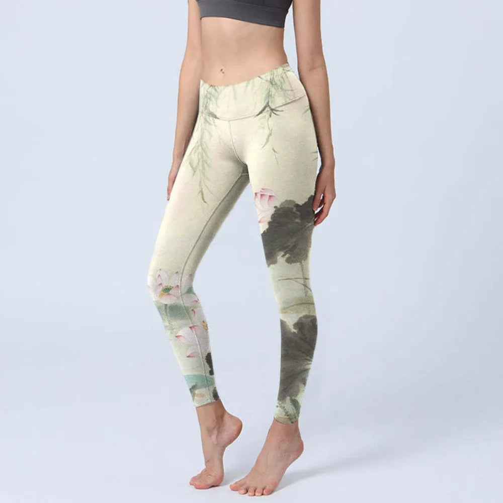 High Waist Yoga Leggings Japanese Style Cherry Blossom Botanical Print Soft Tights Women Fitness Gym Yoga Running Sports Wear
