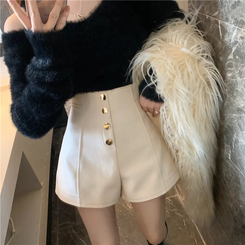 Black Shorts Women Spring Summer New Wide Leg Pants High Waist Single BreastedAApricot casual hot pants