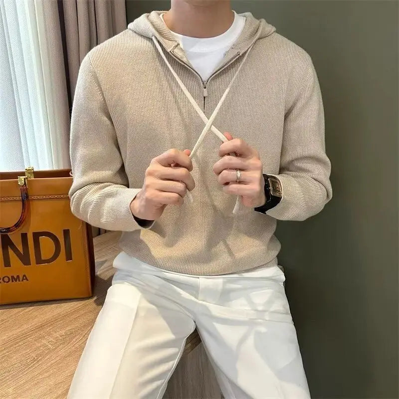 Hooded New Internet Celebrity Men's Sweater Versatile Popular Autumn Winter Solid Color Zipper Bottoming Trendy Hoodies Casual