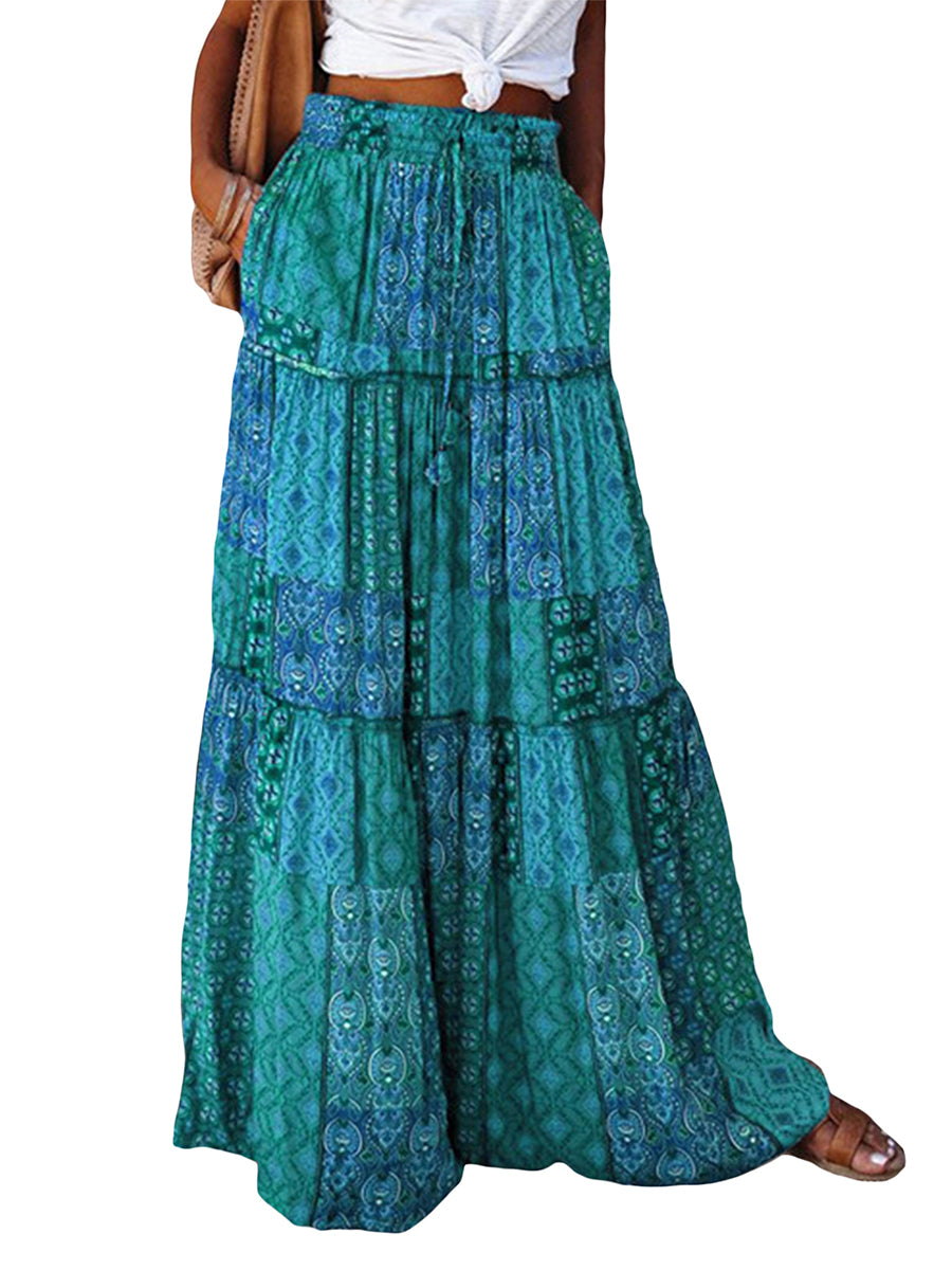 Women's Bohemian Skirts Vintage Elastic High Waist A-Line Skirts Tiered Long Skirts with Pockets