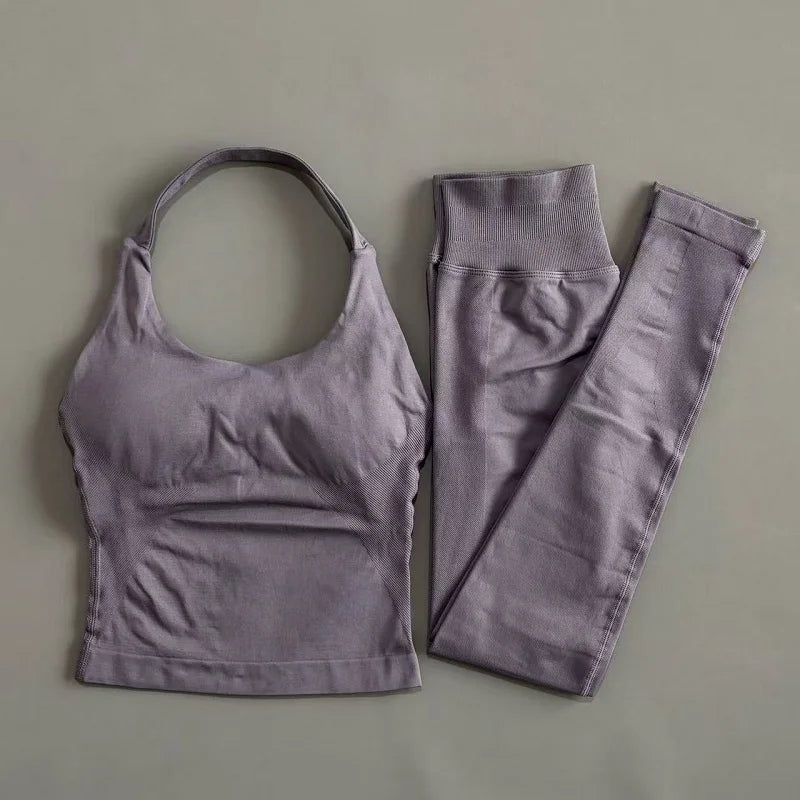 Women Yoga Set Seamless Sports Halter Neck Top Waist Trainer Leggings Suit Squat Proof Butt Lifting Workout Fitness Gym Clothing