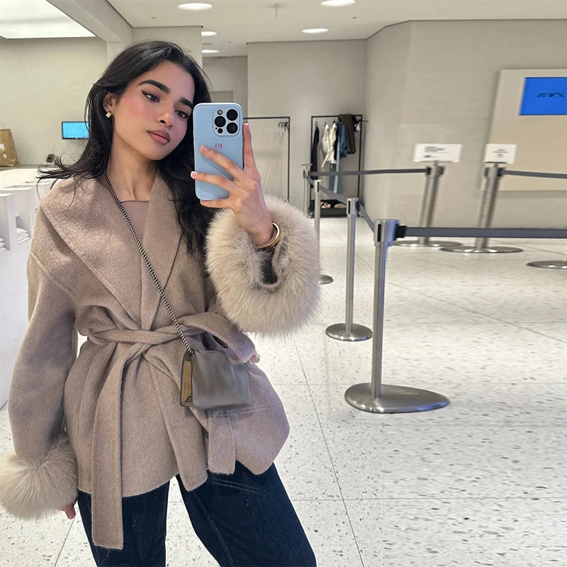 Elegant Women's Lace Up Woolen Coats Solid Full Sleeve Turn-down Collar Loose Lady Coats 2025 Autumn Winter Female Streetwear