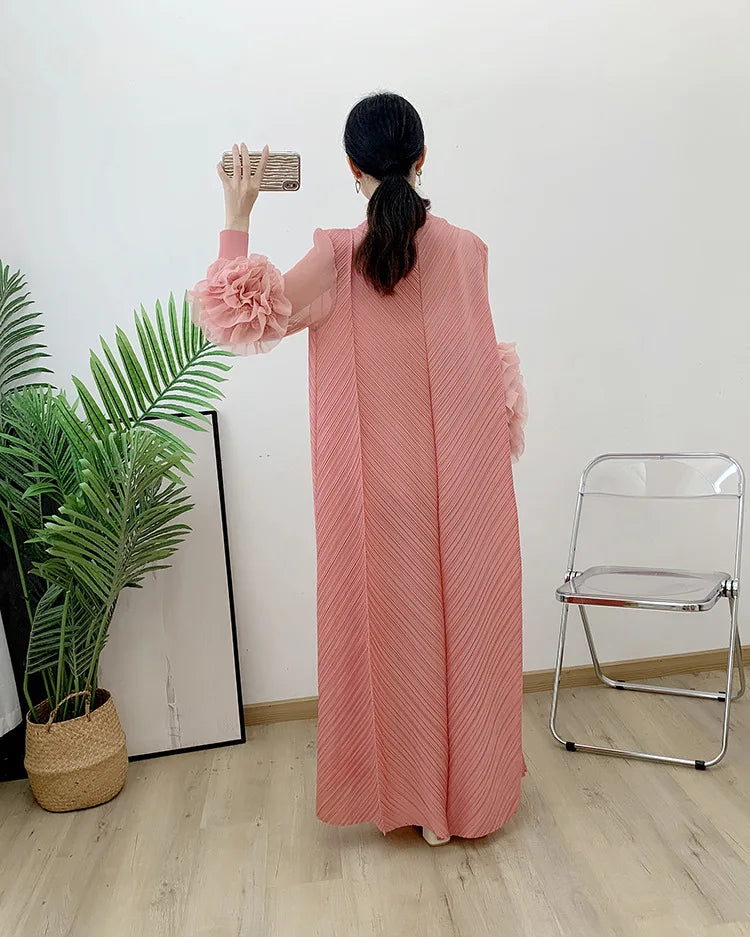 Women Elegant Evening Party Dresses 2025 Summer New Solid Colour Classic Long Sleeve Plate Flower Design Prom Dresses Female