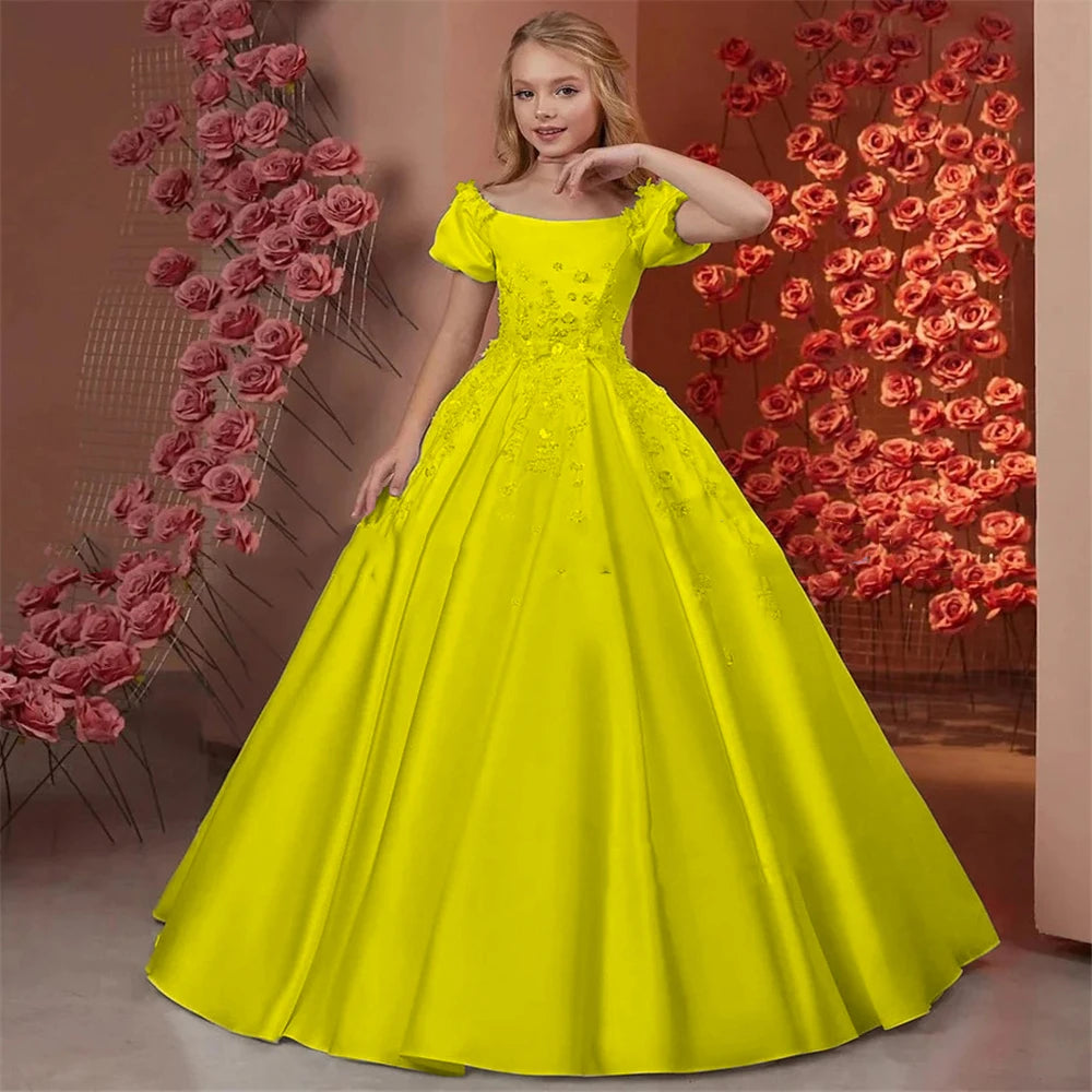 Elegant Flower Girl Dresses for Wedding Satin Beaded Floral Floor Length Girl Kids Birthday Party First Holy Communion Gown