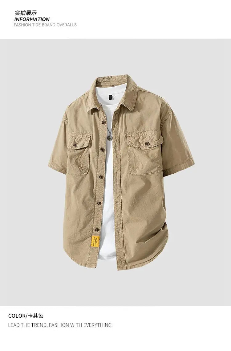 Workwear shirt for men summer loose and casual short-sleeved men American retro lapel coat trendy brand outdoor wear