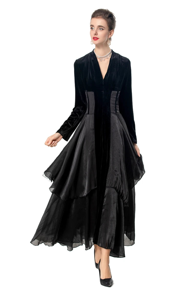 Velvet Ruffle V-Neck Evening Dress